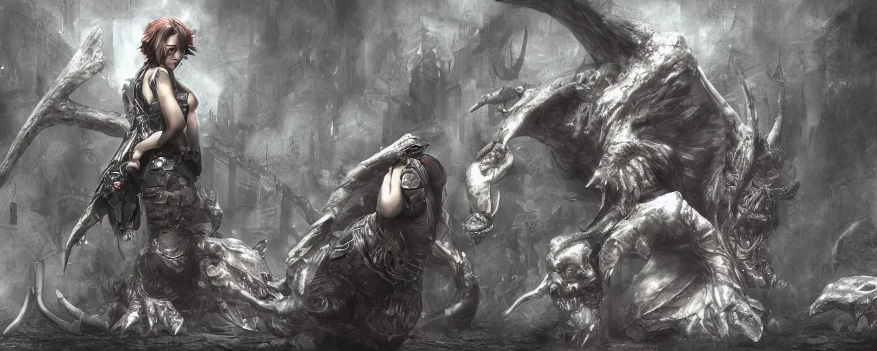 Prompt: concept art of maria hiding from bowser with huge horns and scales and talons, resident evil, horror, occult, terror, mist, volumetric render, digital painting, detailed painting