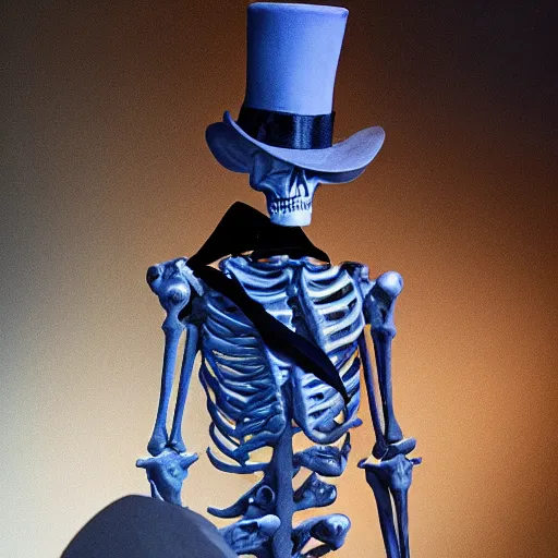 Image similar to DND character, skeleton, Tall skeletal figure, wearing a deep black suit and tie and top hat. golden cane in his right. Light blue flames envelop his whole body