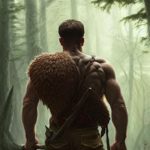 Image similar to back portrait of a rugged ranger, full body!!!, muscular, hairy, forest, anatomy, D&D, fantasy, intricate, elegant, highly detailed, digital painting, artstation, concept art, matte, sharp focus, illustration, art by Artgerm and Greg Rutkowski and Alphonse Mucha