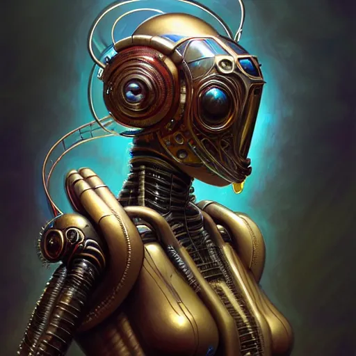 Image similar to front shot of a cyberpunk gazmask robot character, intricate, elegant, highly detailed, centered, digital painting, artstation, concept art, smooth, sharp focus, illustration, artgerm, Tomasz Alen Kopera, Peter Mohrbacher, donato giancola, Joseph Christian Leyendecker, WLOP, Boris Vallejo