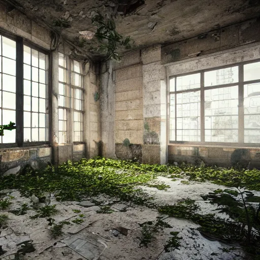 Prompt: interior of a building in an abandoned Manila, light pouring through one tiny window, deserted and decaying concrete, vines growing on the walls, plants sprouting from the floor, unreal engine 5, raytracing, trending on artstation, 8k