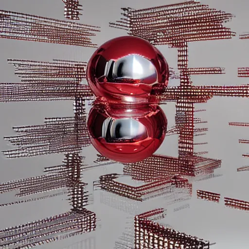Prompt: chrome spheres on a red cube by hajime sorayama