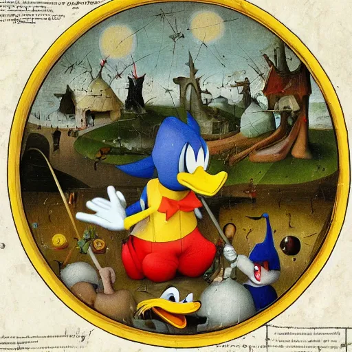 Image similar to donald duck in the garden of earthly delights by hieronymus bosch, hyper detailed, photorealistic, trending on artstation, rule of thirds, super sharp, crispy.