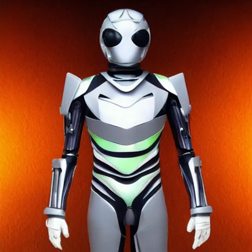 Image similar to Bio mechanical Kamen Rider, glowing eyes, daytime, grey rubber undersuit, segmented armor