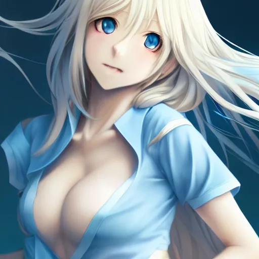 Image similar to a very beautiful anime cute girl, full body, long wavy blond hair, sky blue eyes, full round face, short smile, large top, miniskirt, front view, medium shot, mid-shot, highly detailed, cinematic wallpaper by Stanley Artgerm Lau