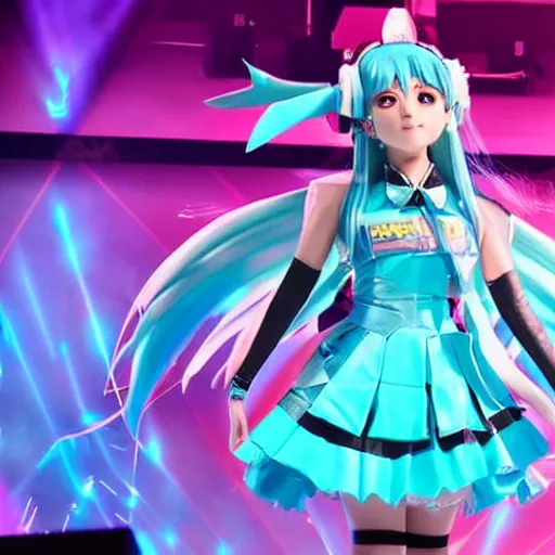 Prompt: magical mirai concert, hatsune miku on stage, high quality photo