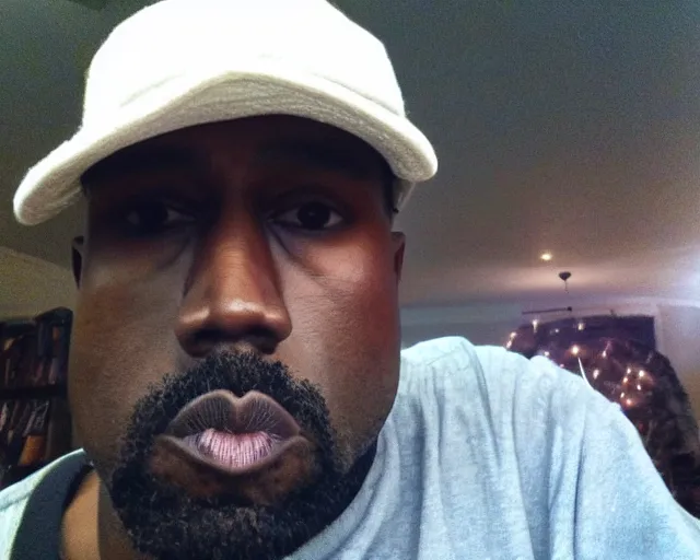 Prompt: my dad that looks like a poor version of Kanye West accidentally taking a selfie with the front camera, squinting because the camera flash is so bright in his face