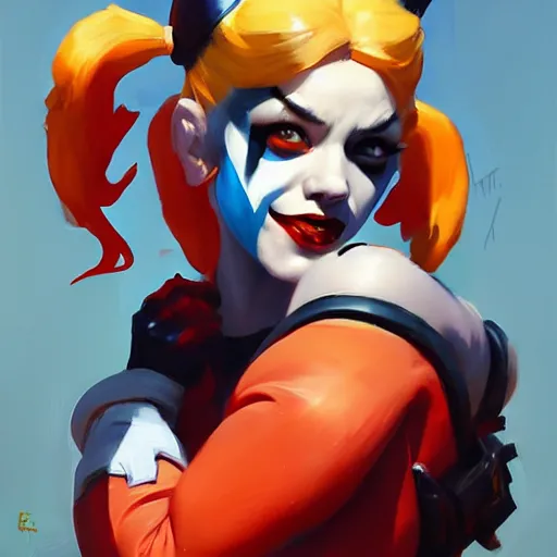 Image similar to Greg Manchess portrait painting of Harley Quinn as Overwatch character, medium shot, asymmetrical, profile picture, Organic Painting, sunny day, Matte Painting, bold shapes, hard edges, street art, trending on artstation, by Huang Guangjian and Gil Elvgren and Sachin Teng