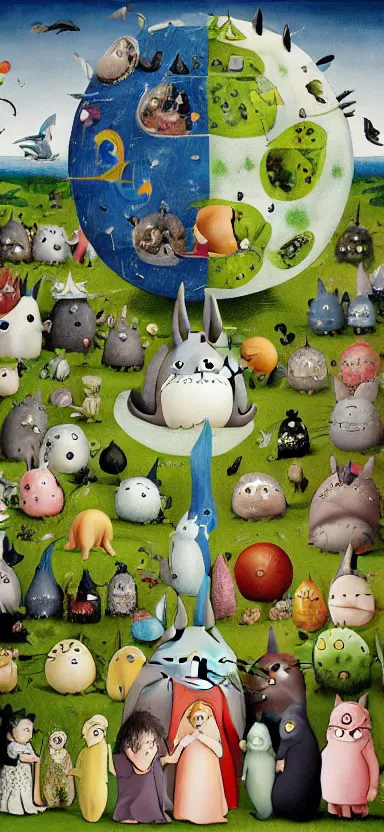 Prompt: garden of earthly delights by studio ghibli. digital painting. totoro. digital render. hieronymus bosch