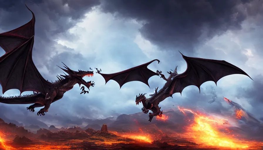 Image similar to two dragons duelling in the sky, angry fighting, epic stormy weather, fantasy art, octane render, high detail, 8k, unreal engine 5, photorealistic, dragon breath, in the style of Greg Rutkowski,