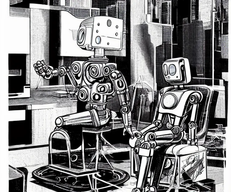 Image similar to robot wearing highly detailed hyperrealism neofuturistic cyberpunk neuralinterface is sitting on a chair, by wally wood and moebius