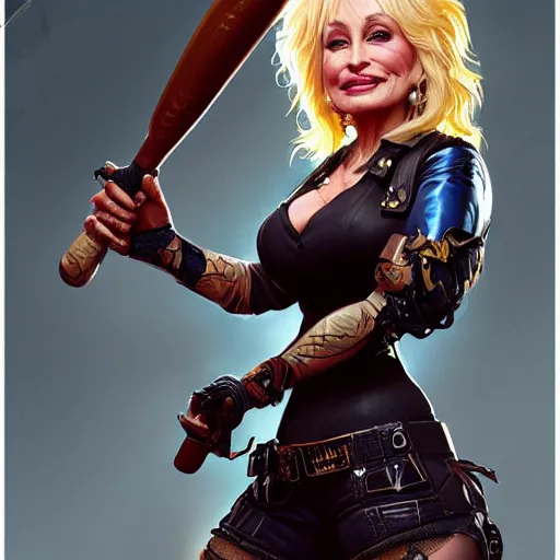 Image similar to closeup of Dolly Parton holding a baseball bat, cyberpunk 2077, intricate, elegant, highly detailed, digital painting, artstation, concept art, matte, sharp focus, illustration, hearthstone, art by Artgerm and Greg Rutkowski and Alphonse Mucha