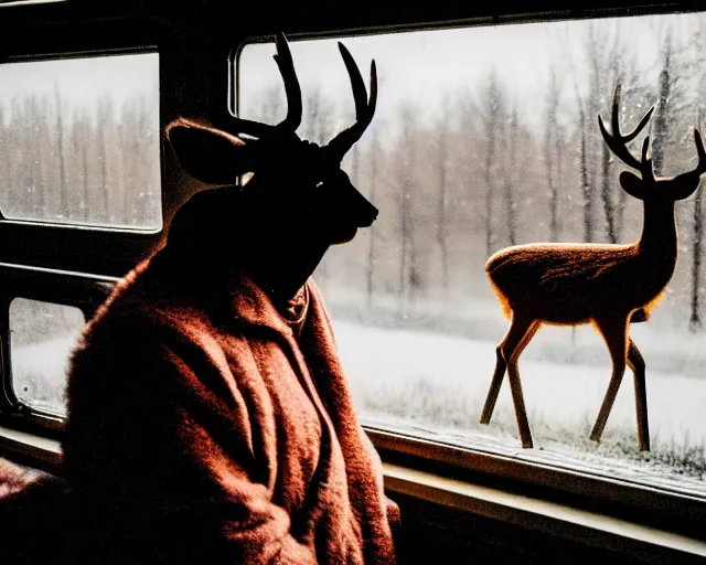 Image similar to a lomography photo of rumble between two human with deer head in soviet train this morning, bokeh,