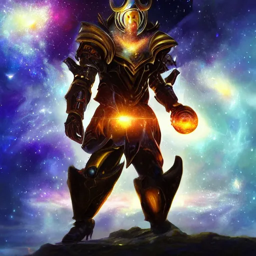 Image similar to photorealistic fantasy cosmic concept art of a cosmic god with armor made out of planets and dark matter, hovering in a unknown galaxy, fully body portrait, cinematic, dynamic lighting, ultra detailed, creative, trending on art station, stunning visuals, creative