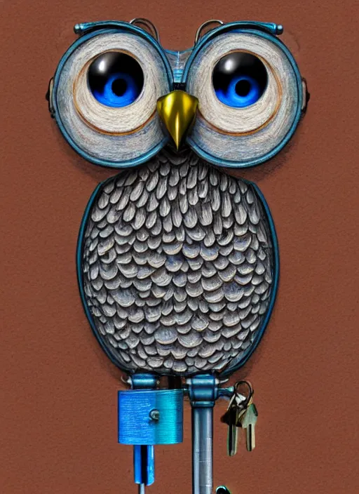 Image similar to colored pencil and pen drawing of an animatronic robot owl, bird made from rusty old keys and padlocks, 8 k photorender realityengine