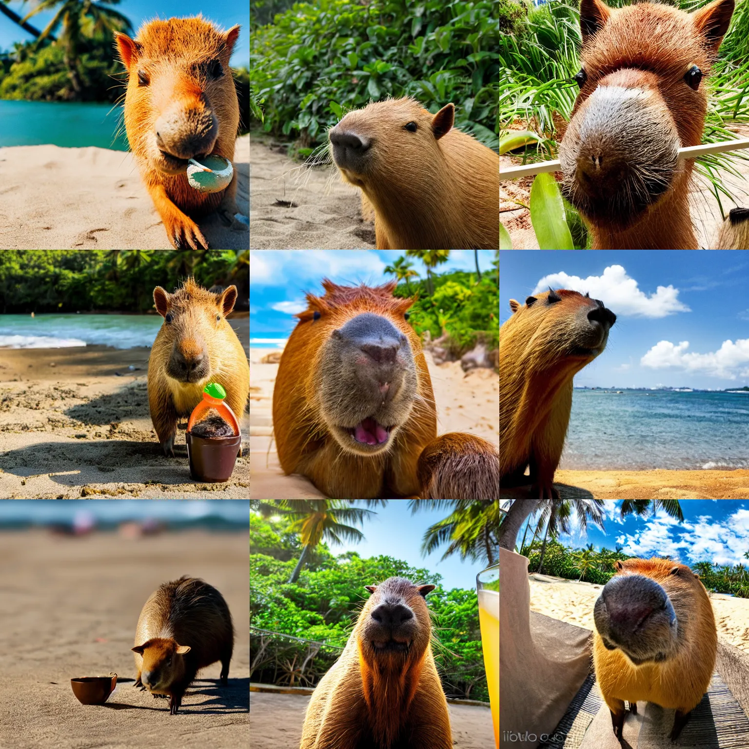 Prompt: photo of a capybara with shades drinking coconut juice by the beach