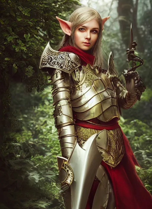Prompt: Beautiful art portrait of a female fantasy elf noble in plate armour in a bright temple surrounded by lush forest, atmospheric lighting, intricate detail, cgsociety, hyperrealistic, octane render, RPG portrait, ambient light, dynamic lighting