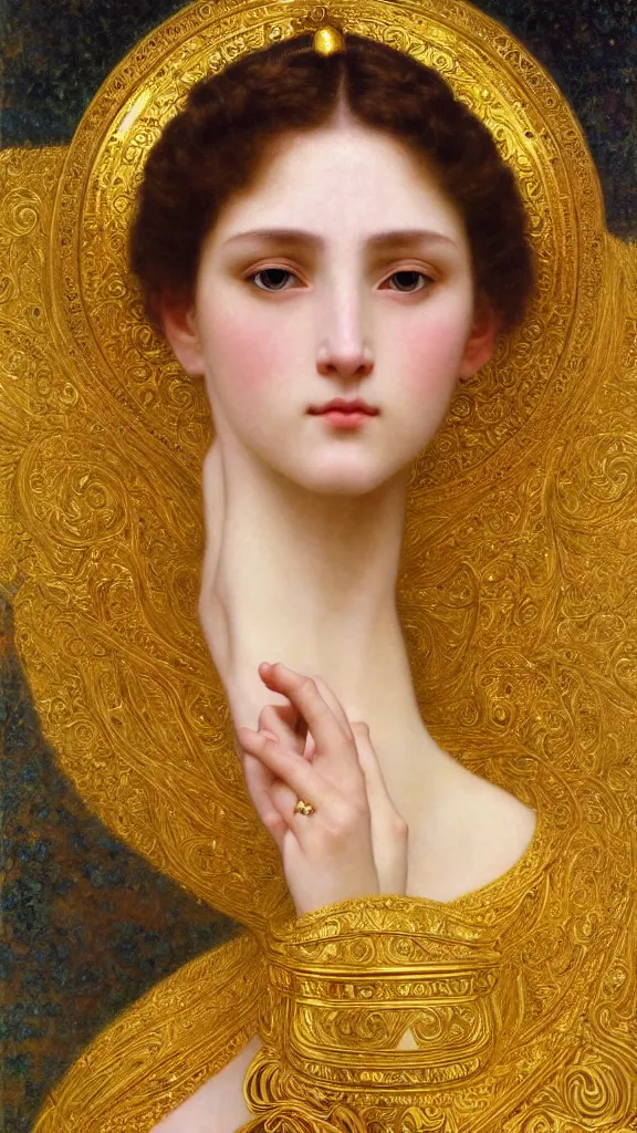 Image similar to painting portrait of a beautiful woman like an ancient goddess, intricate, elegant, digital painting, smooth, sharp focus, shiny gold, realistic gold, realistic metal, by William-Adolphe Bouguereau and Gustav Klimt,