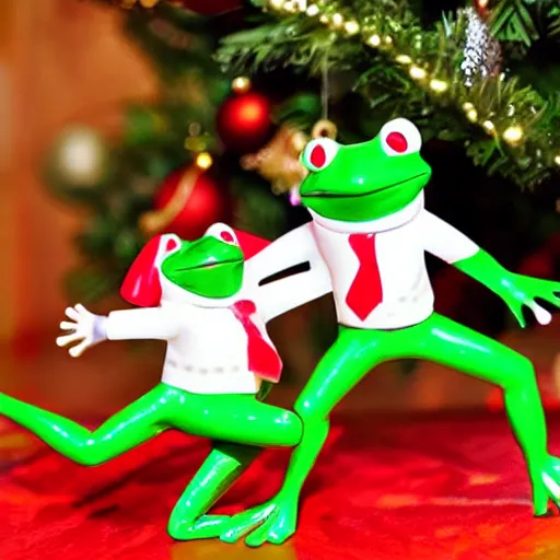 Image similar to two frogs dancing with a pig underneath of a Christmas tree