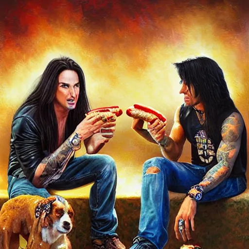 Image similar to portrait of brett michaels and criss angel sharing hotdogs, an oil painting by ross tran and thomas kincade