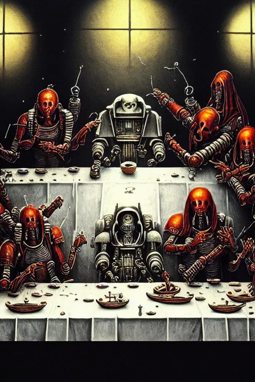 Image similar to painting of tech priests dining at the last supper, adeptus mechanicus!, cybernetic enhancements attached to his body, praise the omnissaiah, zdzislaw beksinski, lewis jones, mattias adolfsson, warhammer 4 0 k!!, cold hue's, warm tone gradient background, concept art, digital painting