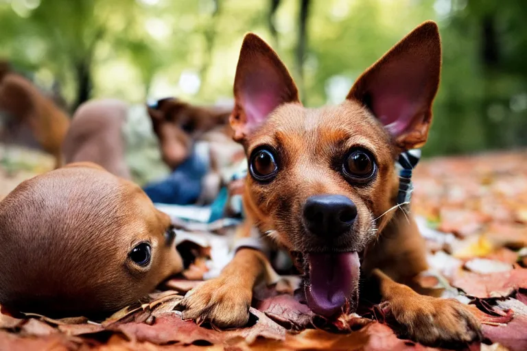 Image similar to closeup portrait of a small brown dog licking its nose with its tongue in central park, natural light, sharp, detailed face, magazine, press, photo, Steve McCurry, David Lazar, Canon, Nikon, focus