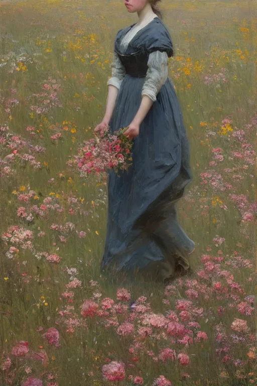 Image similar to Richard Schmid and Jeremy Lipking full length portrait painting of a young beautiful edwardian girl walking through a field of tall flowers