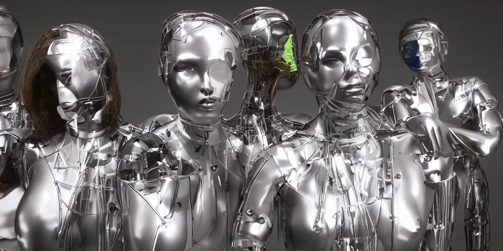 Prompt: polyamorous cyborgs made of metal glass and plastic, hyperrealistic photograph