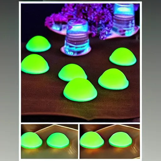 Image similar to bioluminescent jello mushrooms, high detail