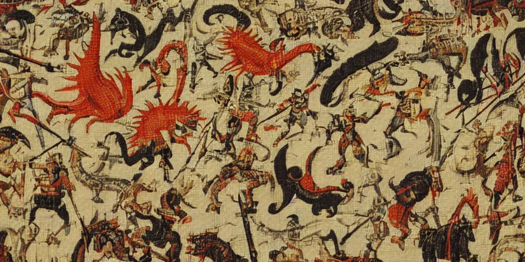 Image similar to Monster Hunter in medieval tapestry, historic