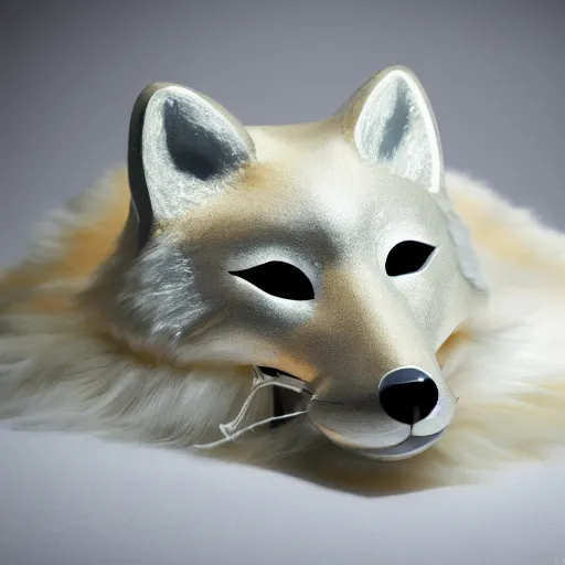 Image similar to a realistic photo of a beautiful white and gold fox mask, laying on a cherrywood desk, with spot lighting showing off the vivid gold details of the mask, f/1.8 32mm lens, 4K award winning, trending on artstation