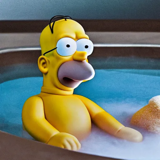 Image similar to photographic portrait by Annie Leibovitz of homer simpson in a hot tub, closeup, foggy, sepia, moody, dream-like, sigma 85mm f/1.4, 15mm, 35mm, 4k, high resolution, 4k, 8k, hd, full color
