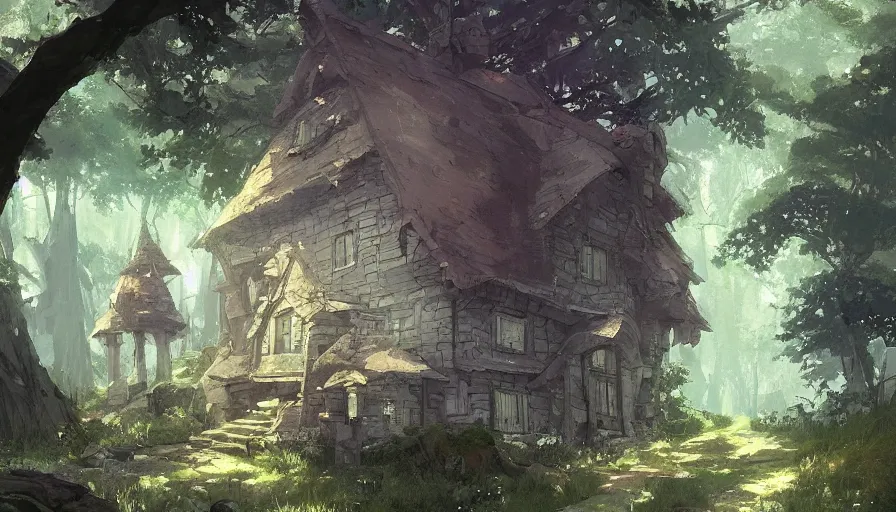 Prompt: a witches house nestled between the lush forest, trending on pixiv fanbox, painted by greg rutkowski makoto shinkai takashi takeuchi studio ghibli