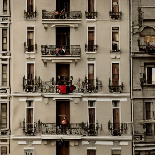 Image similar to dwarfs jumping from balcony, photography