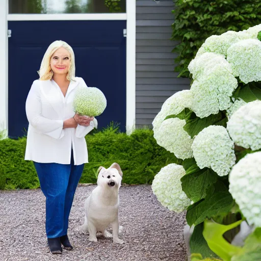 Image similar to 6 0 year old curvy blonde woman, welcoming grin, surrounded by hydrangeas, with a small white happy dog at her side, portrait, headshot, detailed, high quality