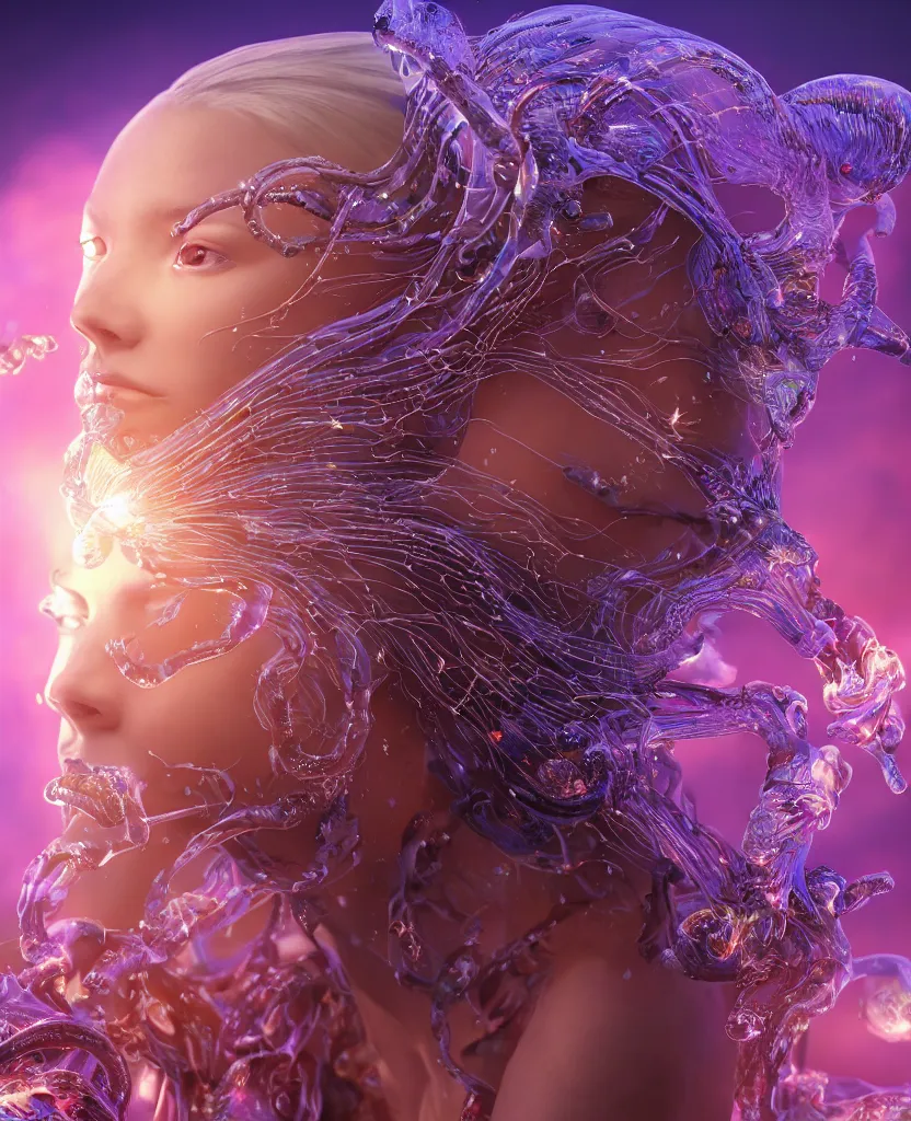 Image similar to close-up macro portrait of the face of a beautiful princess, epic angle and pose, symmetrical artwork, 3d with depth of field, blurred background, cybernetic jellyfish female face skull phoenix bird, translucent, nautilus, energy flows of water and fire. a highly detailed epic cinematic concept art CG render. made in Maya, Blender and Photoshop, octane render, excellent composition, cinematic dystopian brutalist atmosphere, dynamic dramatic cinematic lighting, aesthetic, very inspirational, arthouse. y Greg Rutkowski, Ilya Kuvshinov, WLOP, Stanley Artgerm Lau, Ruan Jia and Fenghua Zhong