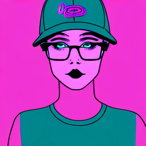Prompt: intricate illustration of an attractive young woman, wearing a flat brim baseball cap, dark hair, blue eyes, thick glasses, symmetrical, quizzical, smirking, vaporwave, blade runner style, neon lighting, teal, purple, pink