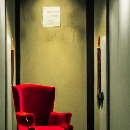 Image similar to a red chair surrounded by sinister and sinuous tools made of gold at the end of a black stone hallway