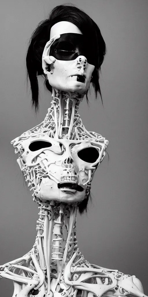 Image similar to black and white dreamy foggy smoky profile face portrait, single skeletal biomechanical beautiful young female cyclops - cyborg - robot bust, body ribs meshes,, volumetric light, rim light, by dora maar and cecile beaton, big gothic fashion pearl embroidered collar, 8 k