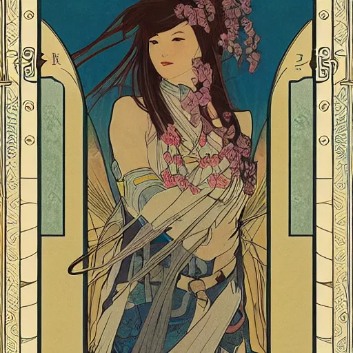 Image similar to the portal of salvation mystical japanese architecture hyperrealistic detail line work female ninja samurai ethereal character concept art wide angle shot muted colors cinematic lighting detailed and intricate style of alphonse mucha and j. c. leyendecker tarot card art print