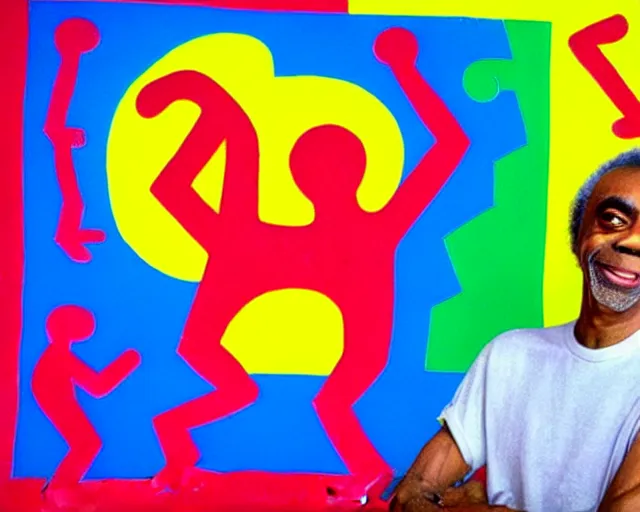 Prompt: gilberto gil street art by keith haring. gilberto gil smiling, eyes closed. bright blue background