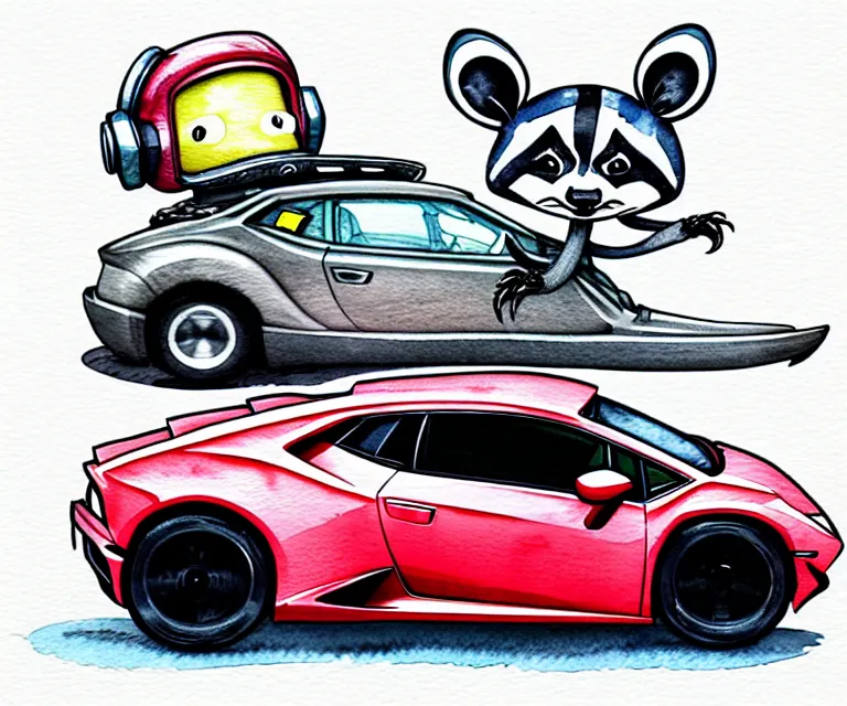 Image similar to cute and funny, racoon wearing a helmet riding in a tiny 2 0 2 0 lamborghini huracan sto, ratfink style by ed roth, centered award winning watercolor pen illustration, isometric illustration by chihiro iwasaki, edited by range murata