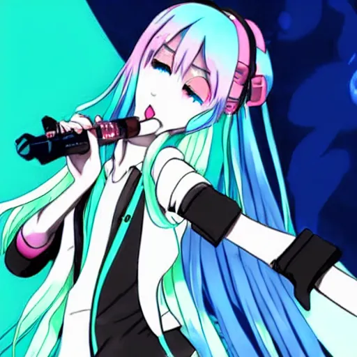 hatsune miku high on weed with bloodshot eyes smoking | Stable Diffusion