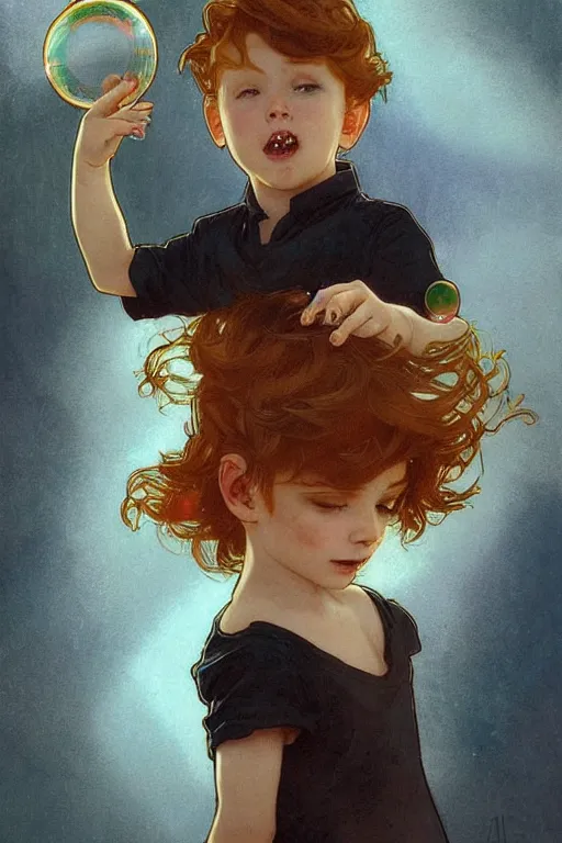 Image similar to a little boy with very short ginger hair chasing bubbles. clean elegant simple illustration, beautiful detailed face. by artgerm and greg rutkowski and alphonse mucha