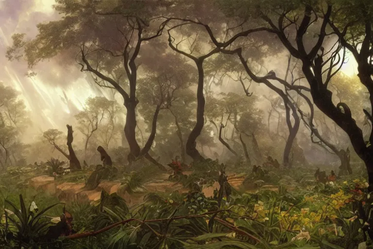 Image similar to a detailed illustration of a hurricane in the middle of central park, flying trees and park items, calamity, dark storms with lightning, 8 k, art by greg rutkowski and alphonse mucha and andreas rocha and albert bierstadt