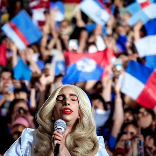 Image similar to Lady Gaga as president, Argentina presidential rally, Argentine flags behind, bokeh, giving a speech, detailed face, Argentina