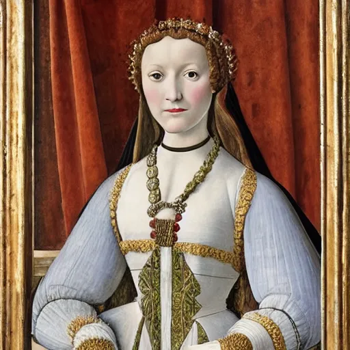 Prompt: portrait of a white labrododdle dressed as an italian queen, painting by botticelli, 1 4 8 0 s