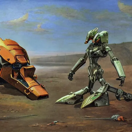 Prompt: platypus combat mecha eith razor talons in the style of vasily vereshchagin and evangelion