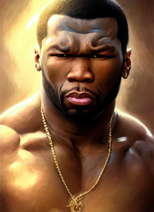 Prompt: Portrait of 50 cent, D&D, muscular, fantasy, intricate, elegant, highly detailed, digital painting, artstation, concept art, smooth, sharp focus, illustration, art by artgerm and greg rutkowski and alphonse mucha
