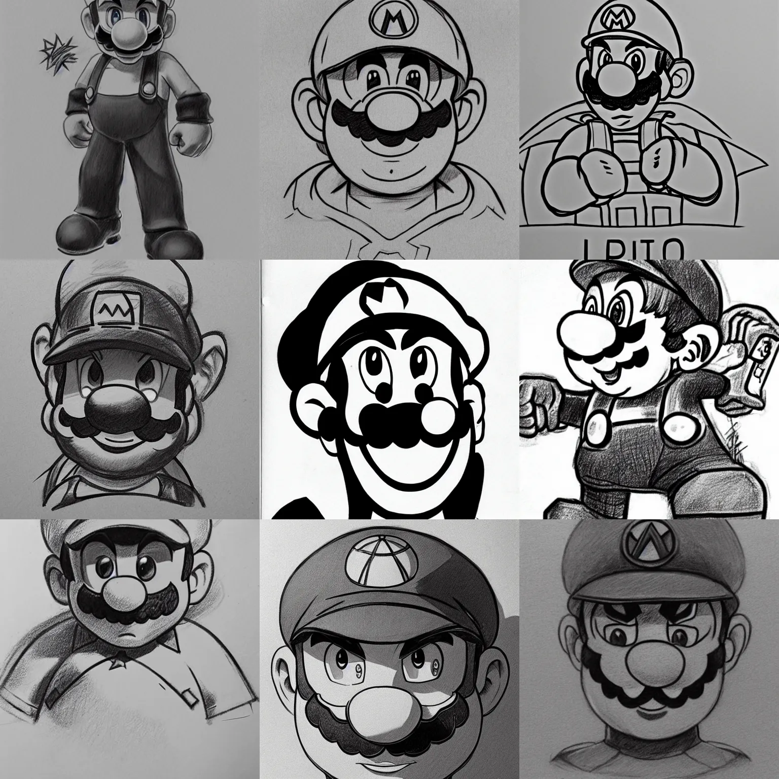 Prompt: epic pencil sketch of super mario, imposing figure, focused gaze, striking manga artstyle, concept art